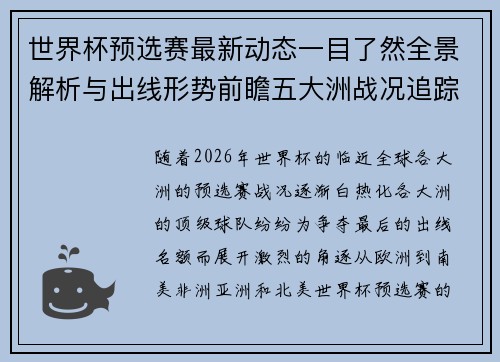 世界杯预选赛最新动态一目了然全景解析与出线形势前瞻五大洲战况追踪